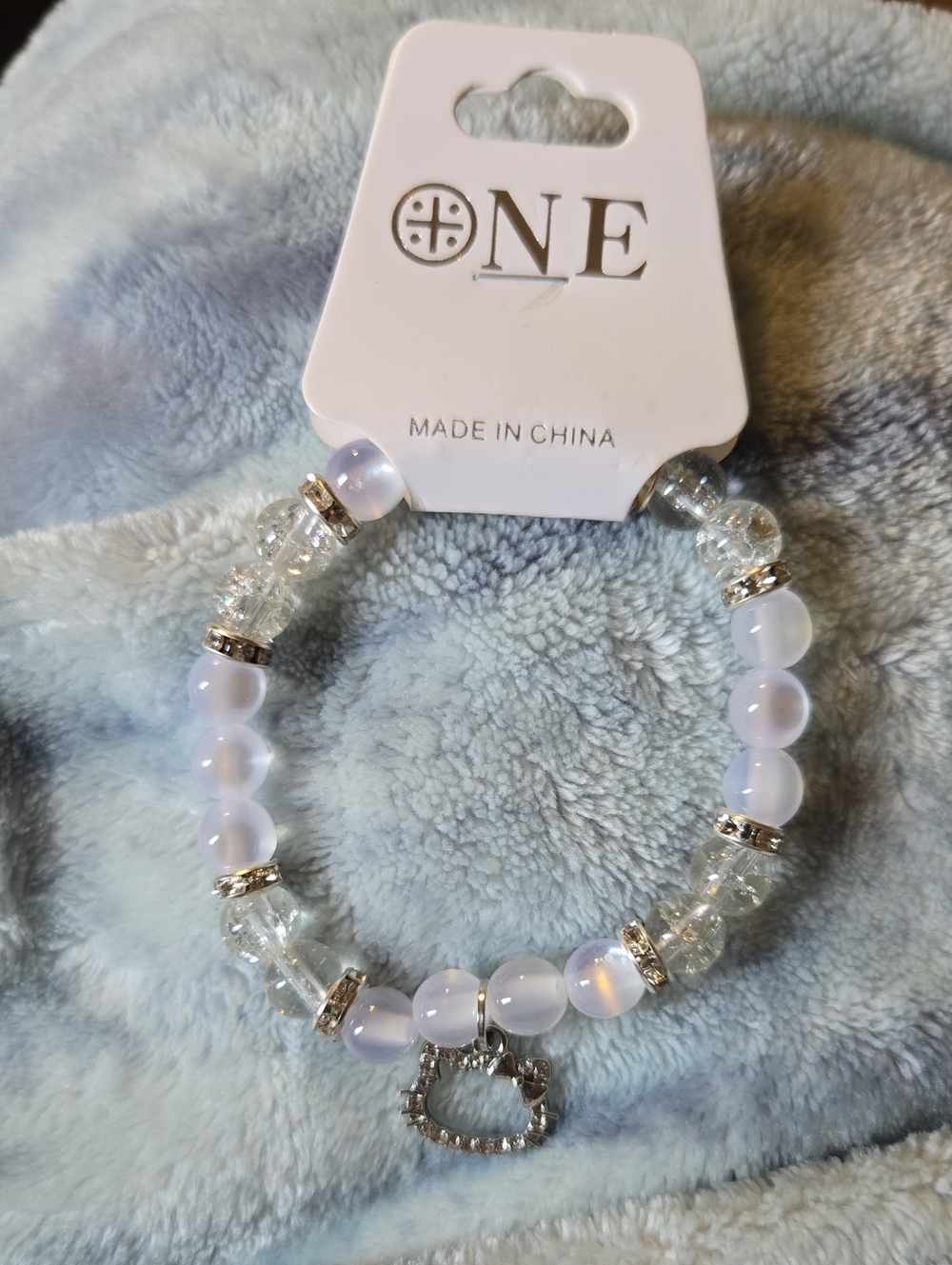 3/$10 Bundle Deals White Opalite Beaded Stretch Bracelet with Silver Hello Kitty